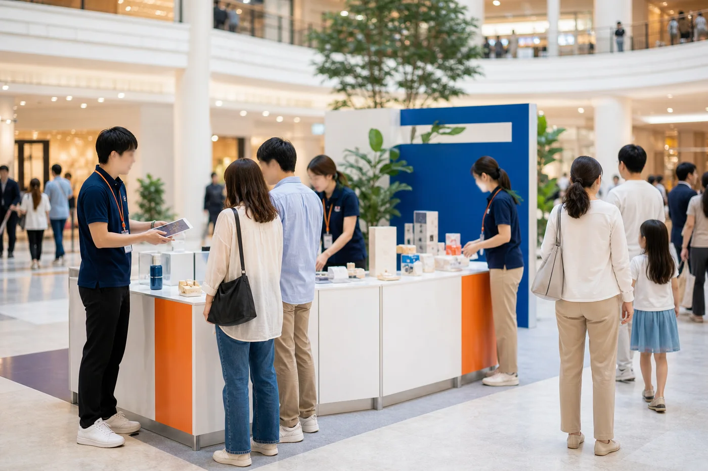 商業施設のイベントブースでスタッフが来場者を案内している様子