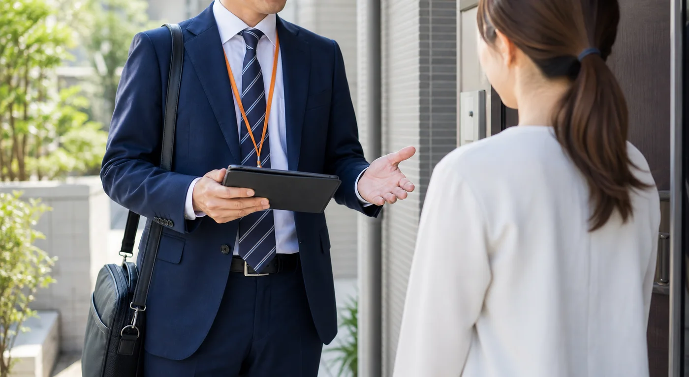 営業担当者が訪問先でタブレットを使いながら説明している様子