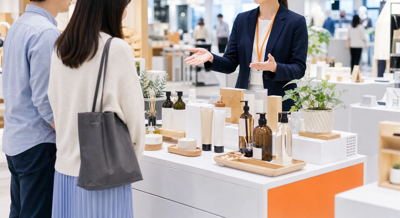スタッフが商業施設の展示ブースで商品やサービスの魅力を説明している様子